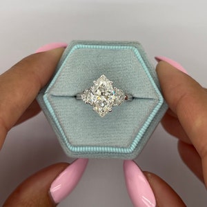 Unique 3.80 ct E Color VVS2 Clarity IGI Certified Marquise Cut Lab Diamond Three Stone Engagement Ring, Half Moon Sides, 18k White Gold