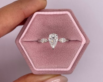 1.3 Carat E/VVS2 IGI Certified Pear Cut Lab Grown Diamond Three Stone Engagement Ring, Marquise Cut Side Diamonds 14k White Gold