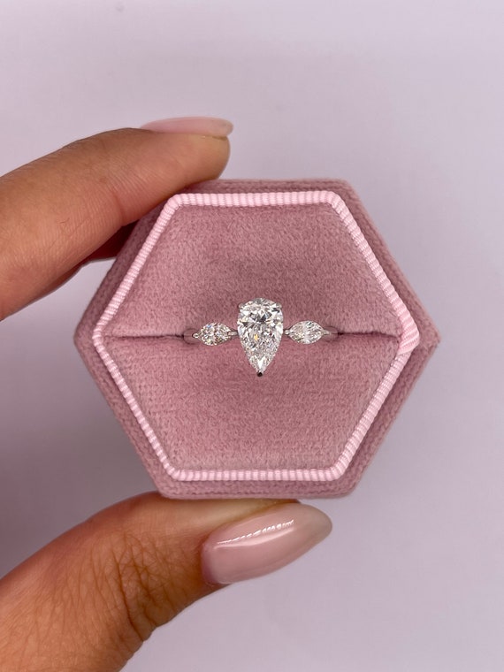 1.3 Carat E VVS2 IGI Certified Pear Cut Lab Grown Diamond Three Stone Engagement Ring Marquise Cut Side Diamonds 14k White Gold