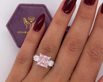 Vivid Pink VVS2 4 carat Total IGI Certified Princess Cut Three Stone with Hidden Halo Lab Diamond Twist Style Engagement Ring 18k White Gold