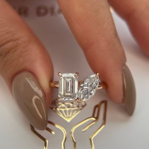 3 carat E/VVS2 IGI CERTIFIED Marquise + Emerald Cut Two Stone Lab Diamond Engagement Ring, 14k Rose gold, Toi et Moi Ring, You & Me Ring