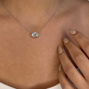 IGI Certified 4 Carat E Color VVS2 Clarity Oval Cut Diamond Solitaire Floating Pendant with 18 inch Chain. 14k White Gold, Lab Grown Diamond