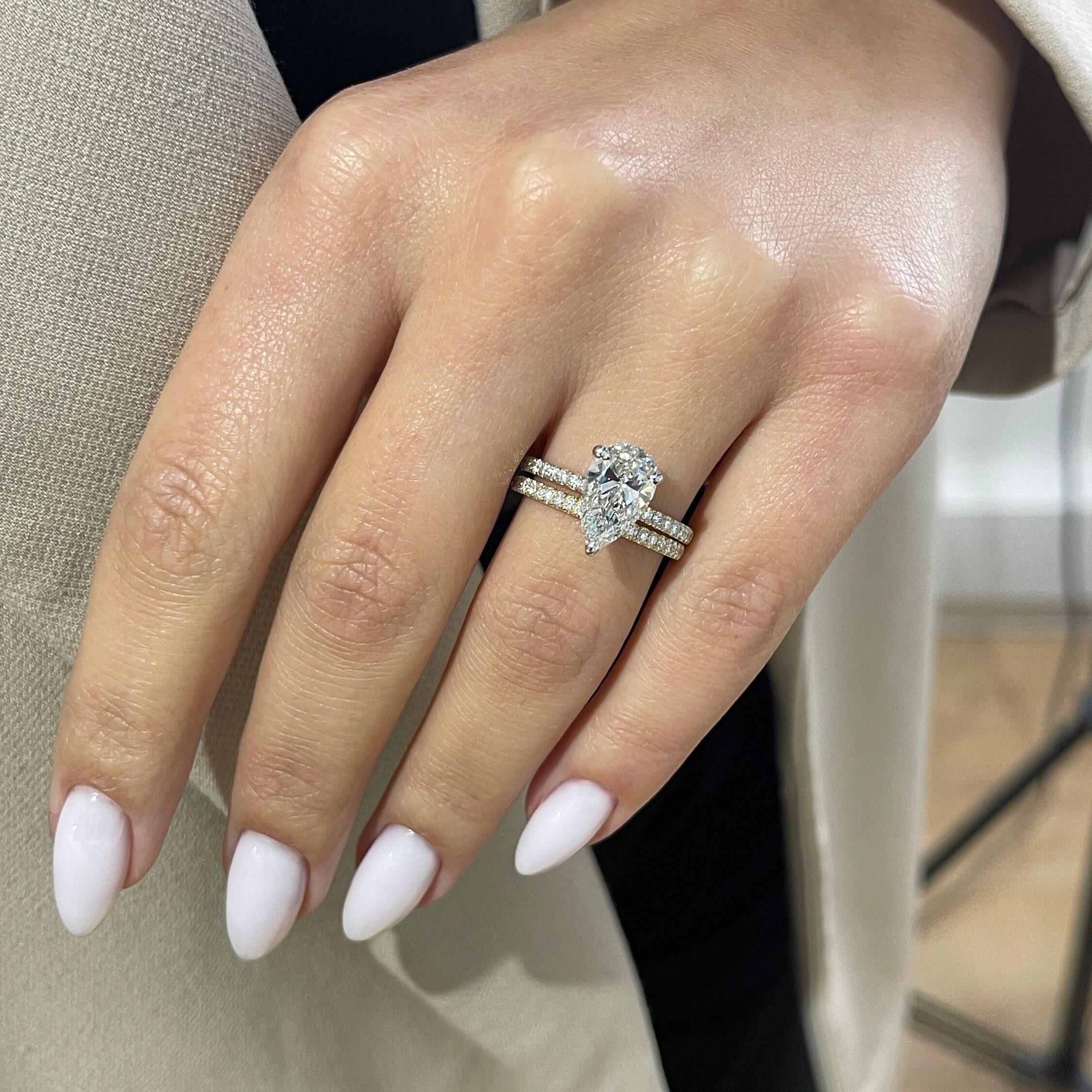 Two Tone 3 Carat E Color VVS2 IGI Lab Grown Pear Cut Lab Diamond Hidden Halo Engagement Ring Set, Matching Round Diamond Wedding Band