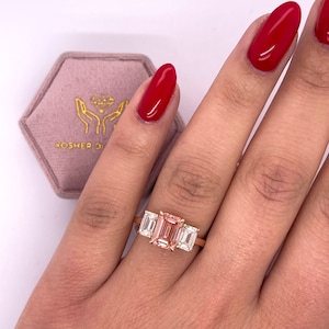 4 Carat Fancy Vivid Pink Color IGI Certified VVS2  Clarity Emerald Three Stone Lab Grown Diamond Engagement Ring 18k Gold
