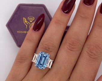 10 Carat Total IGI Certified Fancy Vivid Blue Color VVS2 Clarity Three Stone Emerald Cut Lab Grown Diamond Engagement Ring 18k White Gold
