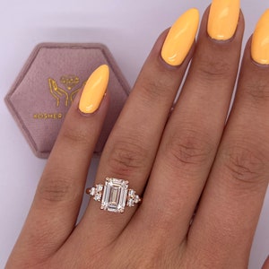 3.30 carat IGI CERTIFIED E color VVS2 Clarity Emerald Cut Lab Grown Diamond Engagement Ring 14k Rose Gold Ring, Round Cut Side Diamonds