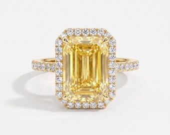5.50 Carat Total Fancy Vivid Yellow Color VVS2 Clarity IGI Certified  Emerald Cut Lab Grown Diamond Halo Engagement 18k Yellow Gold