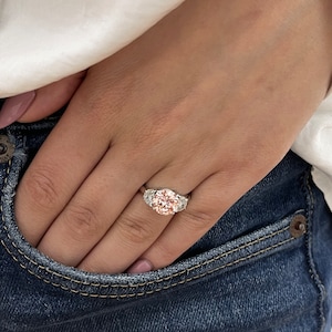 4 Carat Fancy Vivid Pink Color VS1 IGI Certified Round Lab Grown Three Stone Diamond Engagement Ring  Half Moon Side Diamonds 18k White Gold