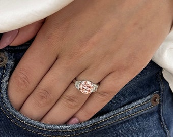 4 Carat Fancy Vivid Pink Color VS1 IGI Certified Round Lab Grown Three Stone Diamond Engagement Ring  Half Moon Side Diamonds 18k White Gold