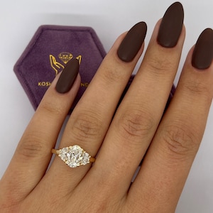 1.75 Carat IGI Certified E/VVS2 Oval Cut Lab Created Three Stone Diamond Engagement Ring, Half Moon Side Diamonds, 14k Yellow Gold