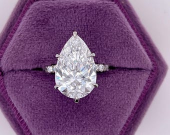 CLOSEOUT SALE 5.39 carat Total E Color VVS2 Clarity IGI Certified Pear Cut Lab Diamond Hidden Halo Engagement Ring 18k White Gold