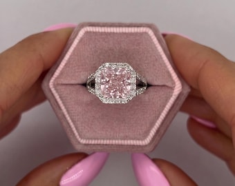 5 Carat Fancy Vivid Pink Color IGI Certified VVS2 Clarity Radiant Cut Lab Grown Diamond Split Shank Halo Engagement Ring 18k White Gold