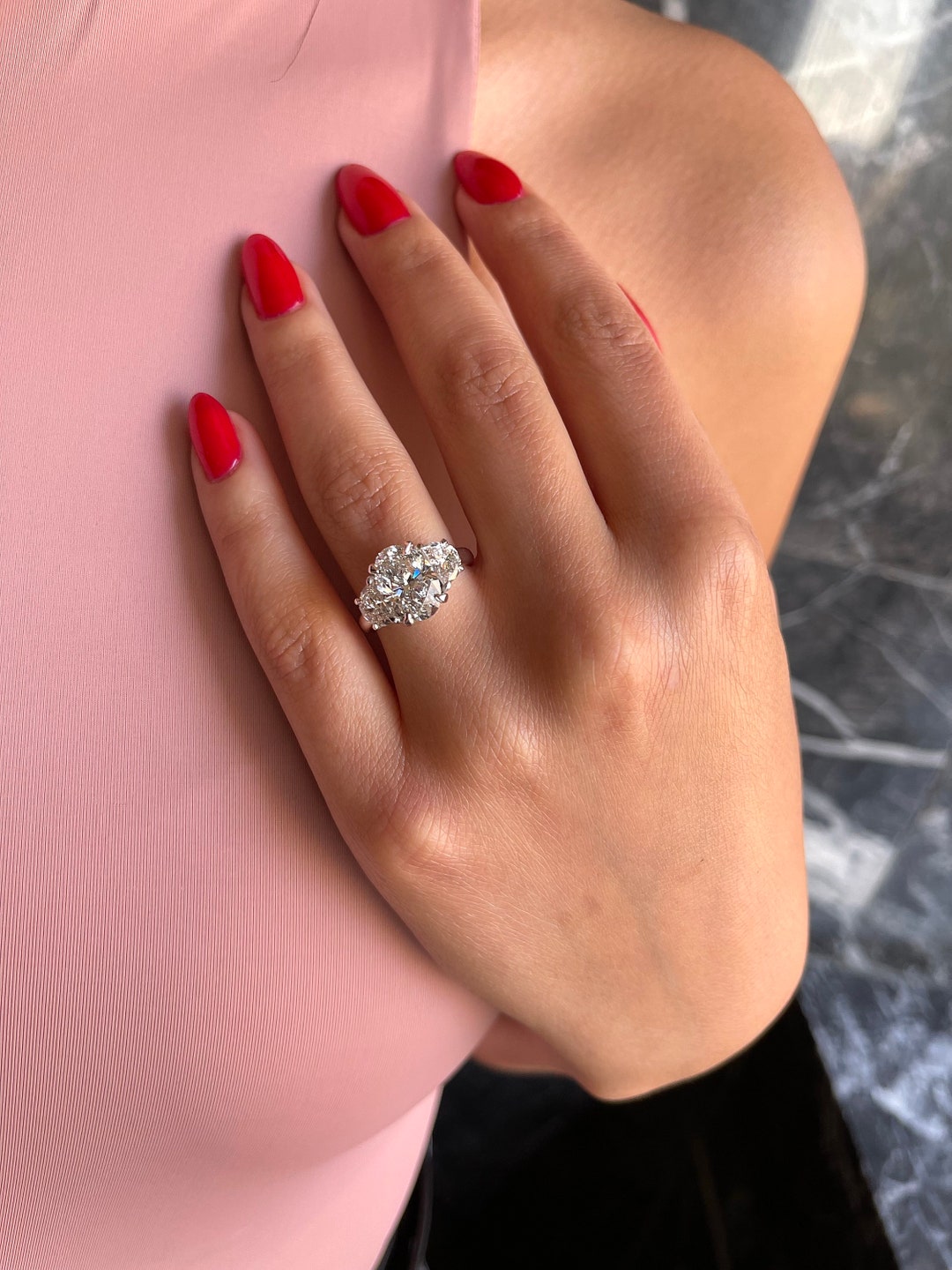 Carat E/VVS2 IGI CERTIFIED Oval Cut Lab Diamond Three Stone Engagement  Ring, Carat Center Half Moon Side Diamonds, 18k White Gold