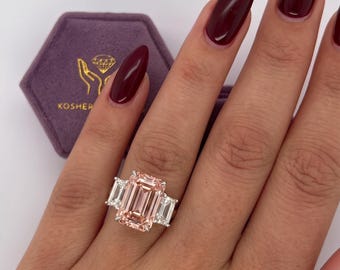 STUNNING 12 Carat Fancy Vivid Pink Color VVS2 Clarity IGI Certified Emerald Cut Lab Grown Three Diamond Engagement Ring Side 18k White Gold