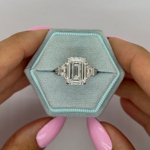 Rare Huge Quality 6 carat IGI Certified E/VVS2 Three Stone Emerald Cut Lab Grown Diamond Engagement Ring, 18k White Gold, Side Trapezoids
