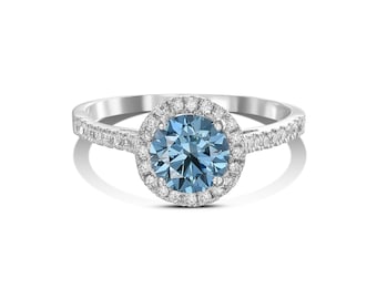 1.50 Carat Fancy Vivid Blue VS2 Lab Grown Diamond Round Cut Engagement Ring, Halo Diamond Engagement Ring 14k White Gold , CVD Diamond