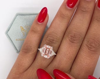 6 Carat Fancy Vivid Pink Color VVS2 Clarity IGI Certified Emerald Cut Lab Grown Three Diamond Engagement Ring Side Trillions 18k White Gold