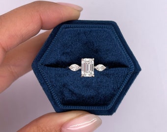 1.30 Carat IGI Certified E color VVS2 Clarity Emerald Cut Lab Grown Diamond Three Stone Engagement Ring, Marquise Cut Side Diamonds