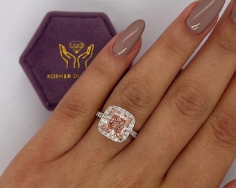 4.75 carat Vivid Pink VVS2 IGI Certified Cushion Cut Lab Diamond Halo Engagement Ring, Side Round Diamonds, 18k White Gold