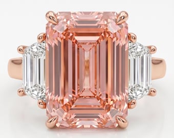11.50 Carat Fancy Vivid Pink VVS2 Clarity IGI Certified Emerald Cut Lab Grown Three Diamond Engagement Ring Side Trapezoids 18k Gold