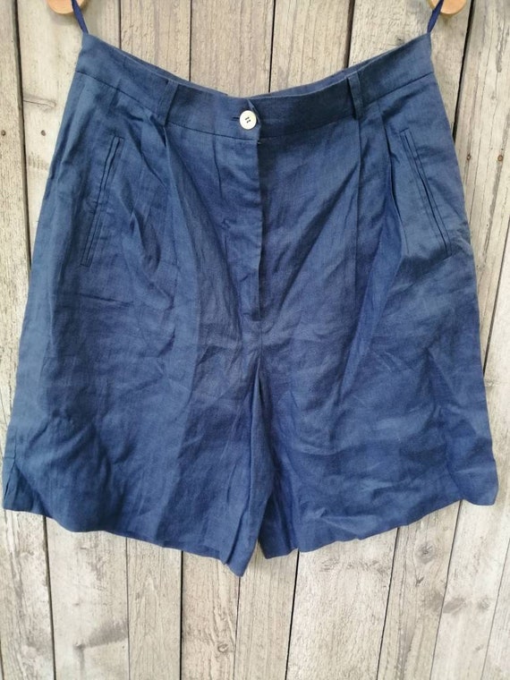 Vintage blue linen shorts palazzo shorts plaid Ber