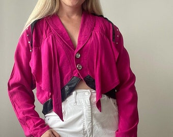 Vintage 80s Pink Fuchsia Jacket: Mirrored Buttons, Funky Style