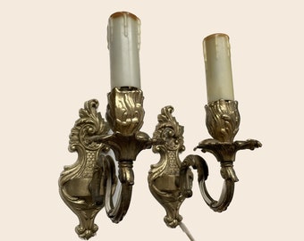 Vintage Brass Sconce Pair: 1980s Antique Wall Lights