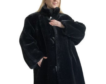 Vintage Black Faux Fur Overcoat, Oversized Winter Coat (L-XXL)