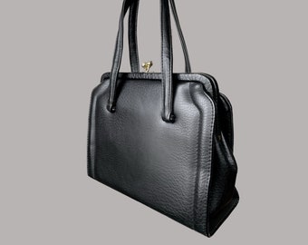 Vintage Black Leather Top Handle Handbag, Golden Closure