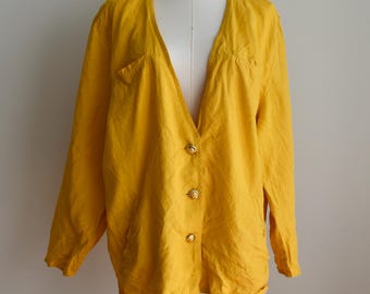 Vintage Mustard Yellow 100% Linen Jacket Blouse Golden Buttons, Curated Handpicked Clothes