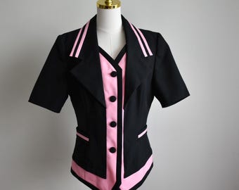 Vintage 80s/90s Black & Pink Tailored Jacket Blouse: Short Sleeve Statement Top