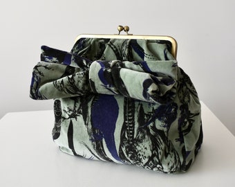 Ivana Helsinki Vintage Clutch: Green & Blue Birds Print Ribbon Bag