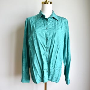 Vintage Cyan Blue Green Shiny Ornaments Blouse, Long Sleeved Button Closure Viscose Blend Shirt, Preloved Curated Clothing, Slow Fashion