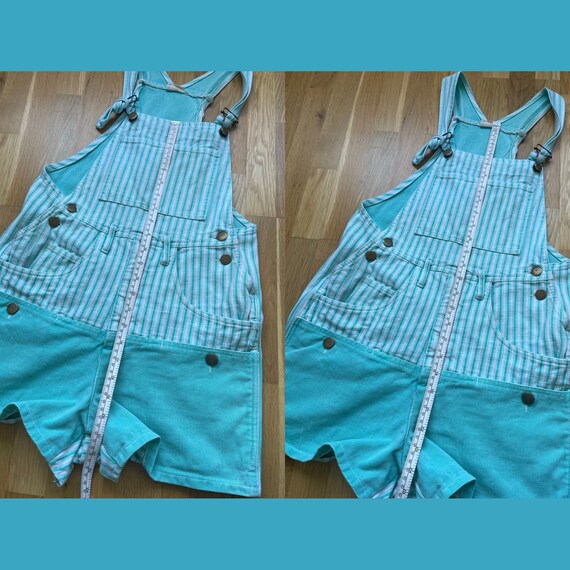 Vintage Denim Jumpsuit Cyan Blue Green Striped Pl… - image 2