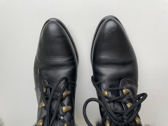 Vintage Black Boots Fur Trim Low Heel Lace Up Sho… - image 5
