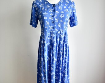 Vintage Seashell Print Midi Dress: Marine Blue Summer Vacation