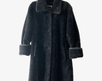 Vintage Black Faux Fur Coat, Size L – Classic Winter Overcoat