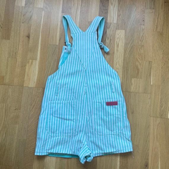 Vintage Denim Jumpsuit Cyan Blue Green Striped Pl… - image 8