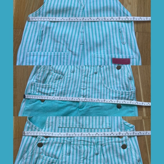 Vintage Denim Jumpsuit Cyan Blue Green Striped Pl… - image 4