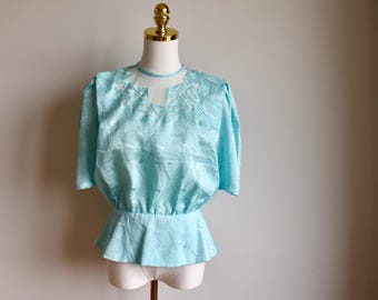 Vintage Mint Blue Peplum Blouse, Elegant Back Button Top