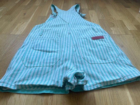 Vintage Denim Jumpsuit Cyan Blue Green Striped Pl… - image 10