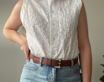 Vintage Sleeveless Embroidered White Blouse: Cotton Summer Top