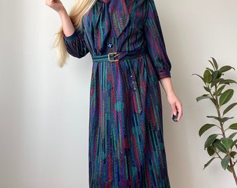 1980s Midi Blue Purple Green Dress with Matching Belt, Preloved Hand-picked Vintage Garments