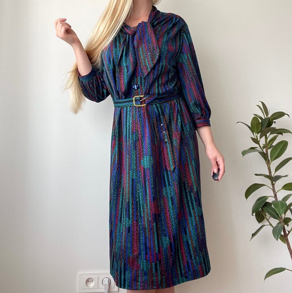 1980s Midi Blue Purple Green Dress With Matching Belt, Preloved 