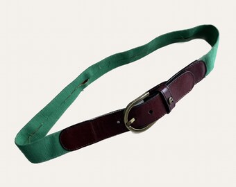 Etienne Aigner Vintage Belt Green Textile Brown Leather Metal Buckle Classic Timeless Style