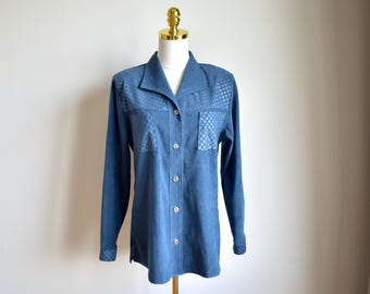 Vintage 90s Blue Western Shirt, Padded Shoulders Blouse, Size M