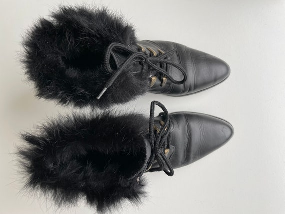 Vintage Black Boots Fur Trim Low Heel Lace Up Sho… - image 8