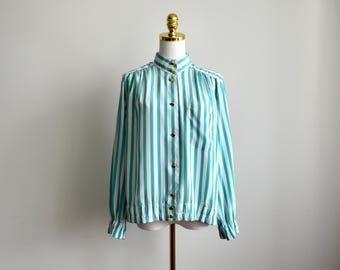 Vintage Striped Long Sleeve Blouse - White & Green Pastel Shirt