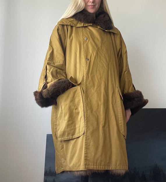 Vintage French Trench Coat, Mustard Brown Fur Lining, Size L-XXL