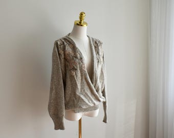 Vintage Angora Wool Blend Cardigan: Embroidered Flowers & Faux Pearls